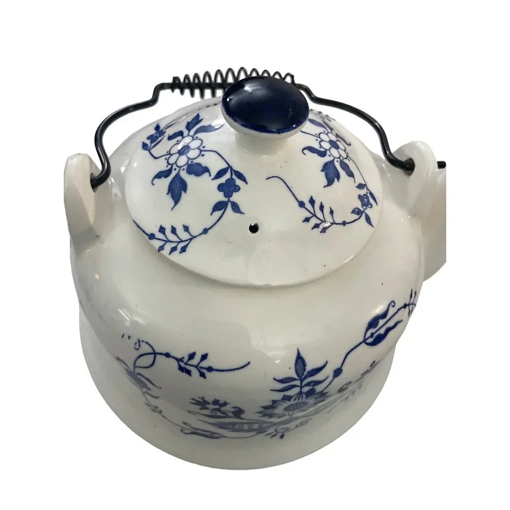 Vintage Blue and White Teapot with‎  Spiral Metal Handle